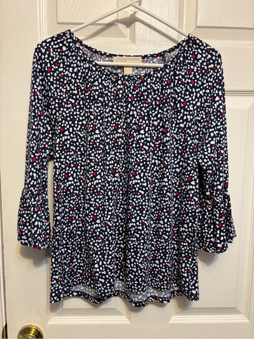 MICHAEL Michael Kors Navy Blue Red Heart Print 3/4 Bell Sleeve Blouse - M